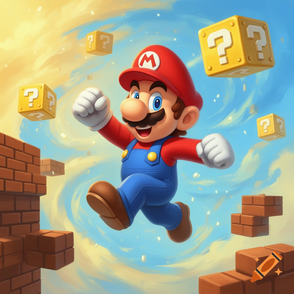 Super Mario jumping heroically in a vibrant sky with floating question mark blocks and brick platforms, cartoon style.