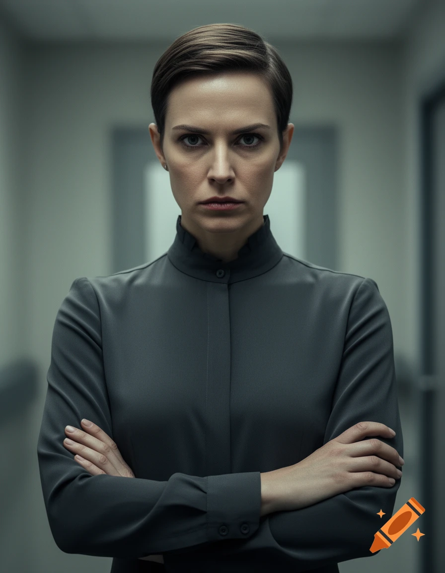 A serious woman with short hair and crossed arms wears a dark, high-collared shirt in a moody, realistic portrait.