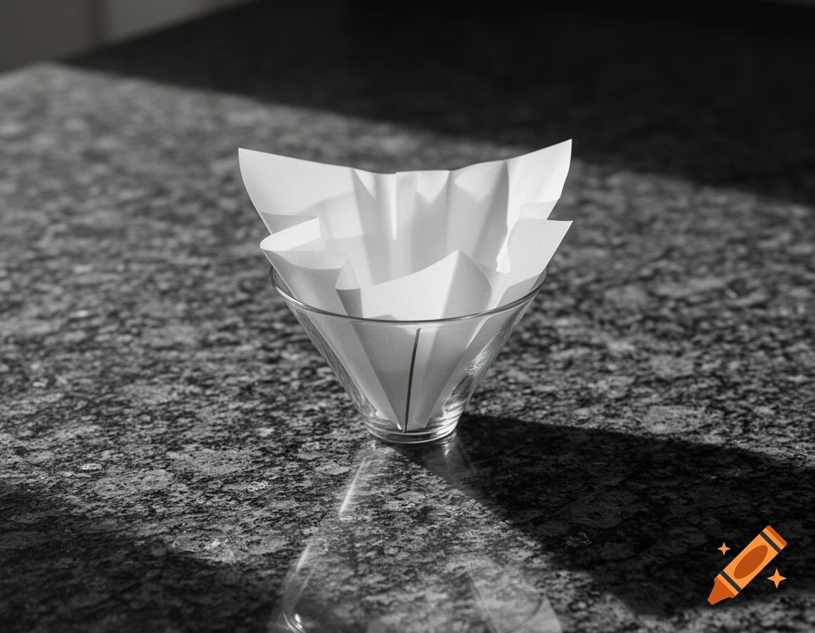 White folded coffee filter paper in a clear conical glass on a speckled granite countertop in black and white.
