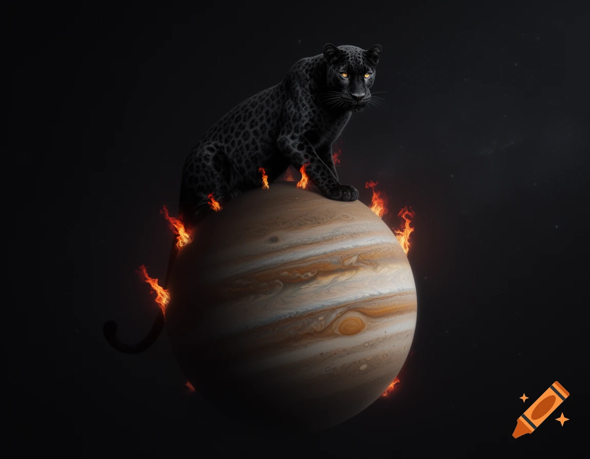 A black leopard with bright yellow eyes perched atop the planet Jupiter, surrounded by small flames, against a dark starry background.