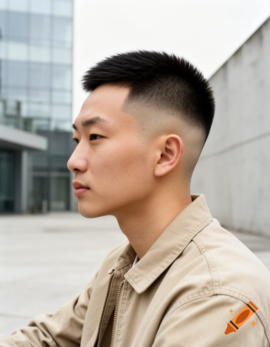 A young Asian man in profile with a low taper fade haircut and a tan jacket, standing outdoors.
