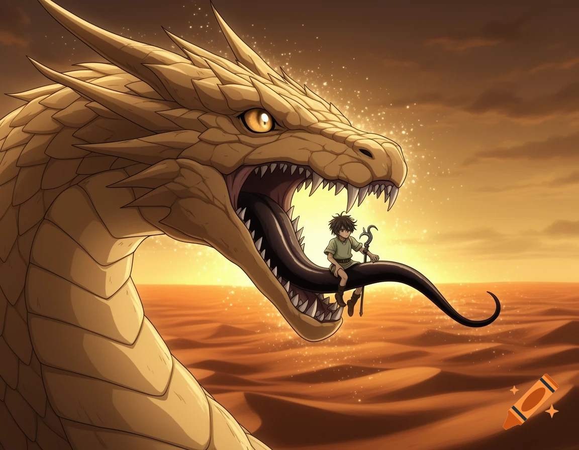 Anime style illustration of a large golden dragon in a desert with a small human child sitting on its long, dark tongue.