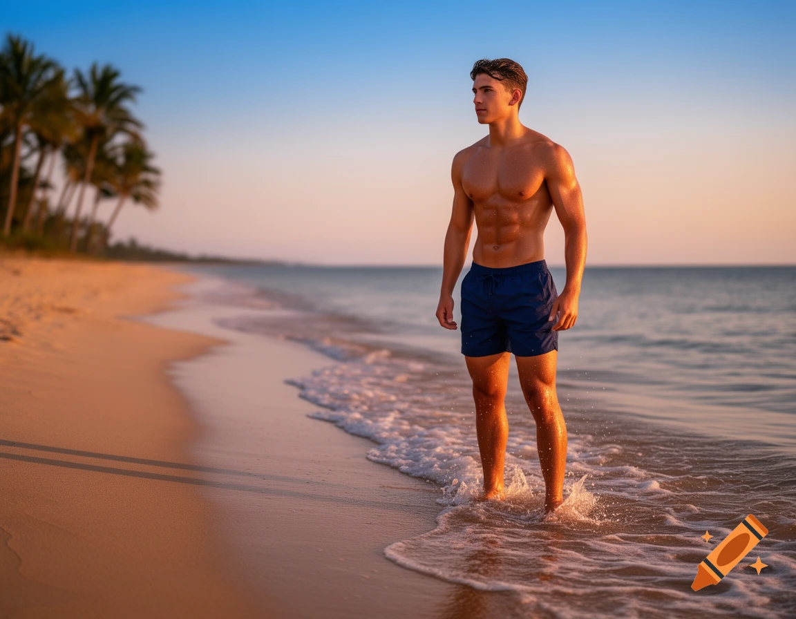 A muscular young man in blue swim trunks stands on a sandy beach at sunset, with palm trees and ocean in the background.