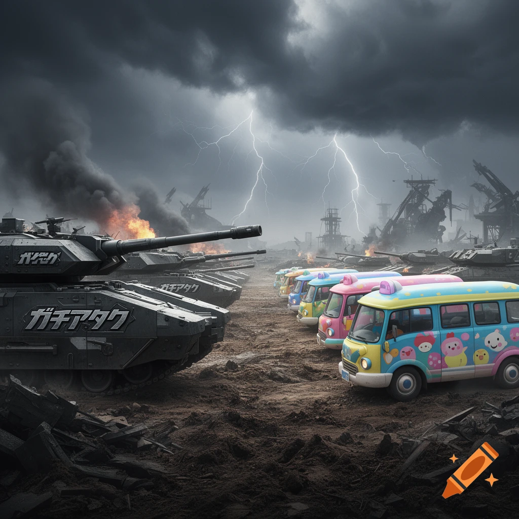 Realistic tanks face off against colorful cartoon vans in a muddy, stormy battlefield with lightning and fires.