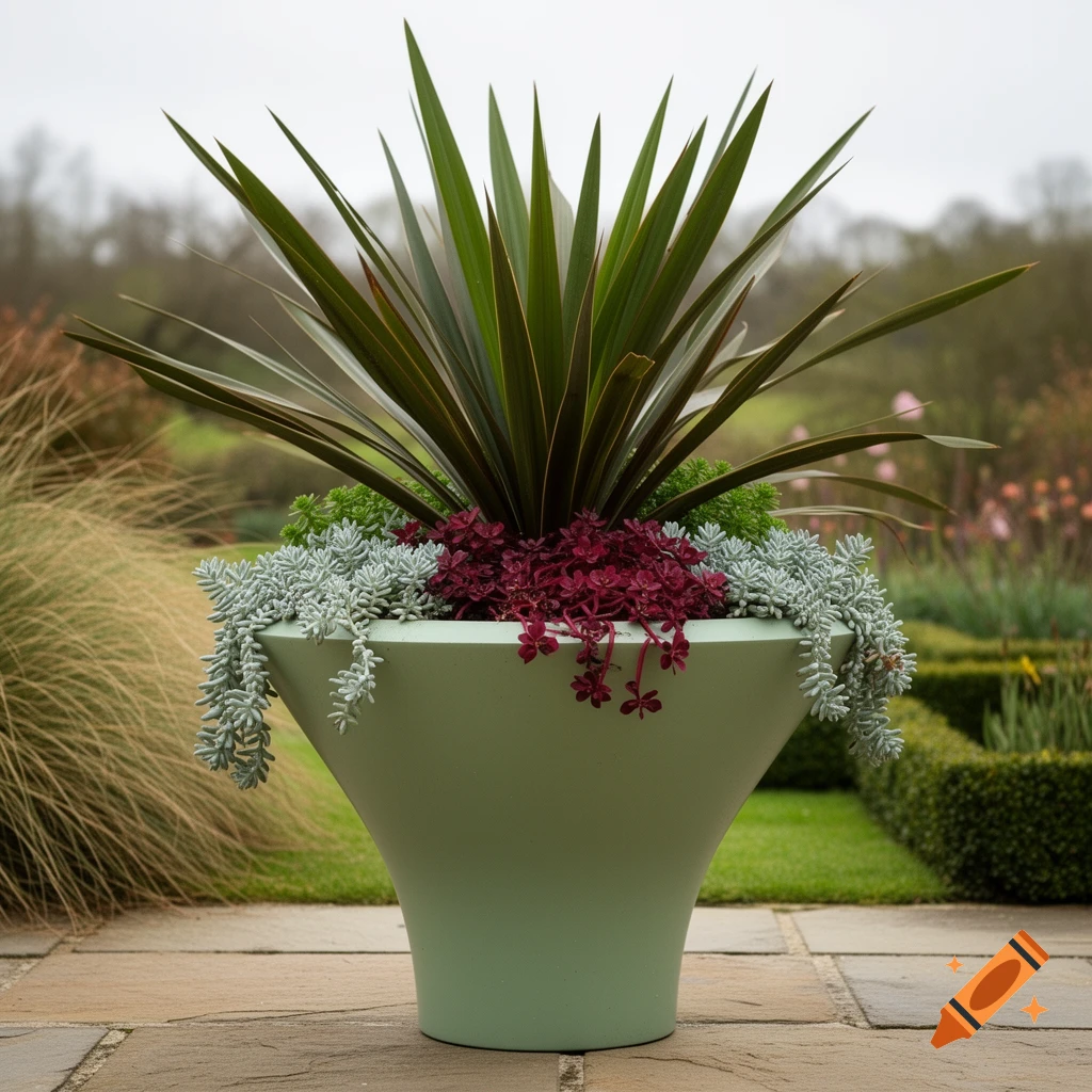 A light green tapered planter sits on flagstones, filled with a spiky green plant, small red flowers, and trailing silvery-blue succulents in a garden setting.
