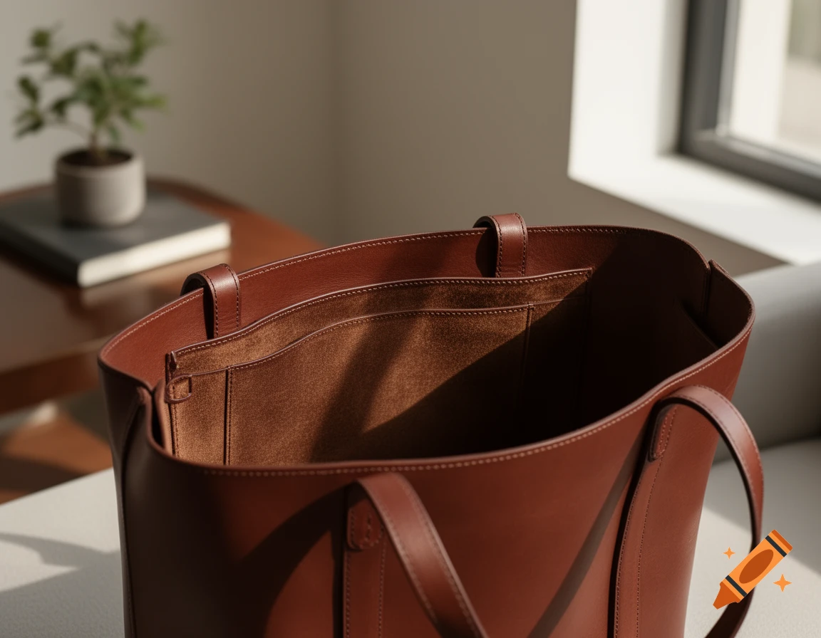 Close-up of a high-quality brown leather tote bag, showing the interior, handles, and visible stitching. Photorealistic.