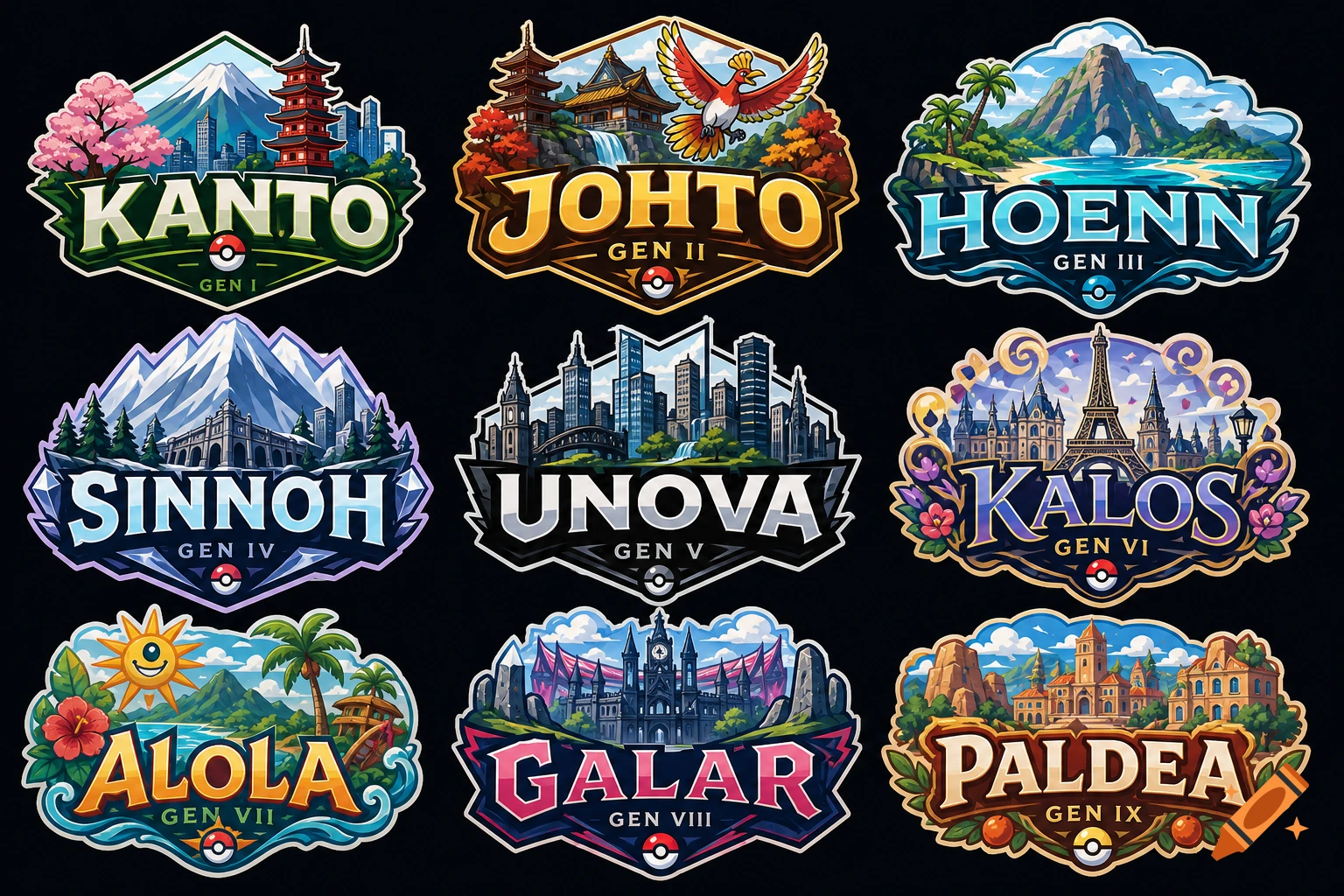 Nine colorful logos for Pokemon regions, each depicting a unique landscape or cityscape and the region's name and generation number.