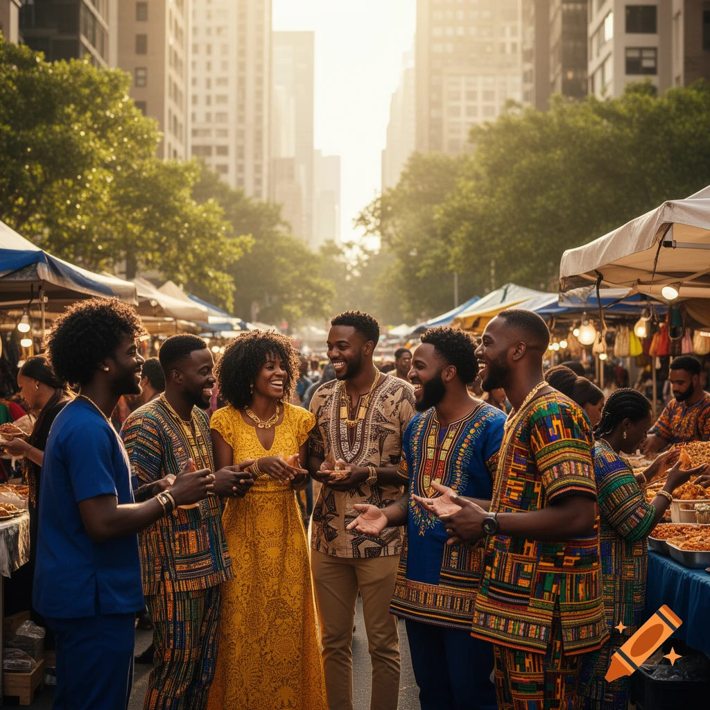 A group of smiling Black people in vibrant traditional attire socialize at a bustling outdoor market with city buildings in the background, bathed in warm sunlight.