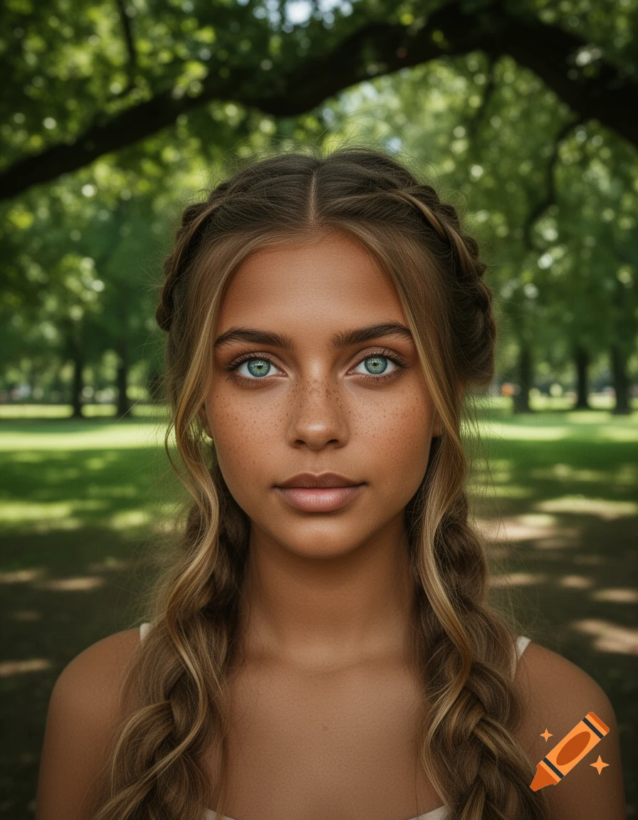Photorealistic portrait of a young woman with braided light brown hair, blue-green eyes, freckles, and tan skin, in a green park.