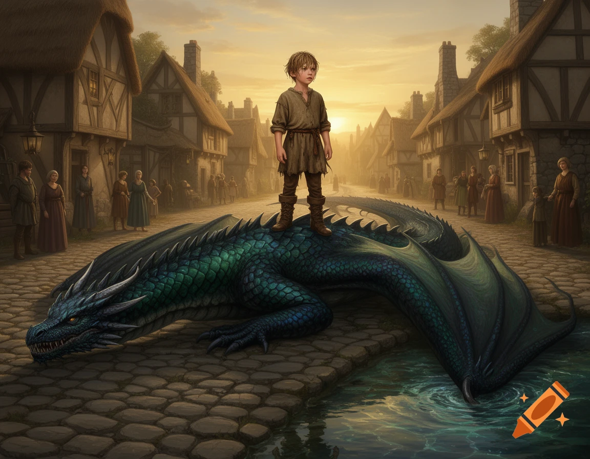 A young boy stands on the back of a large green dragon on a cobblestone street in a medieval village at sunset.