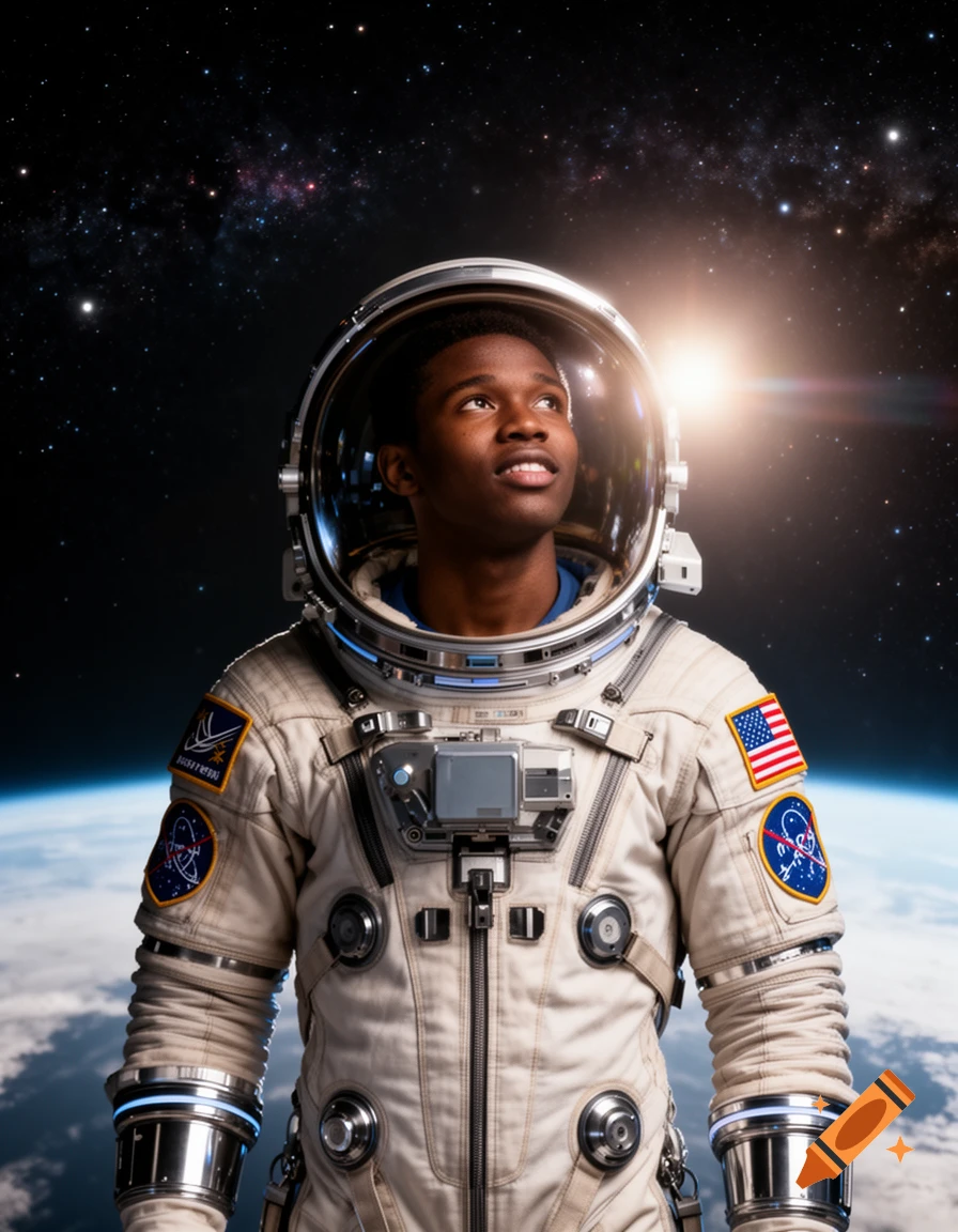 A photorealistic portrait of a young Black male astronaut looking up in his spacesuit against a starry space background with Earth below.