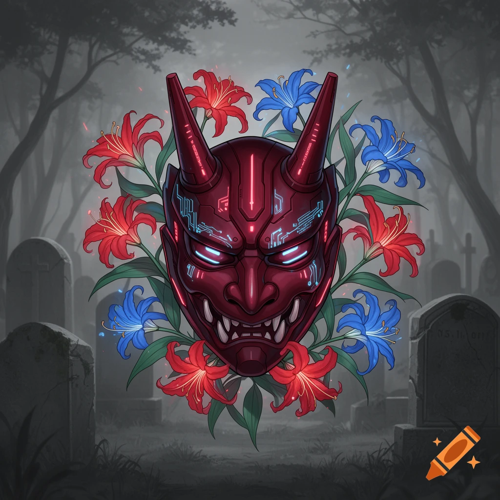 A red cyberpunk Tengu mask with glowing blue accents, surrounded by red and blue lycoris flowers, in a misty graveyard.
