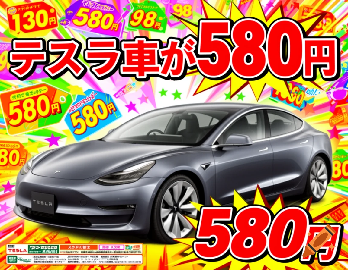 A grey Tesla car against a vibrant, chaotic background of yellow, red, and pink, resembling a Japanese supermarket flyer with various price tags and text, notably a large red banner stating "Tesla car for 580 yen" in Japanese.
