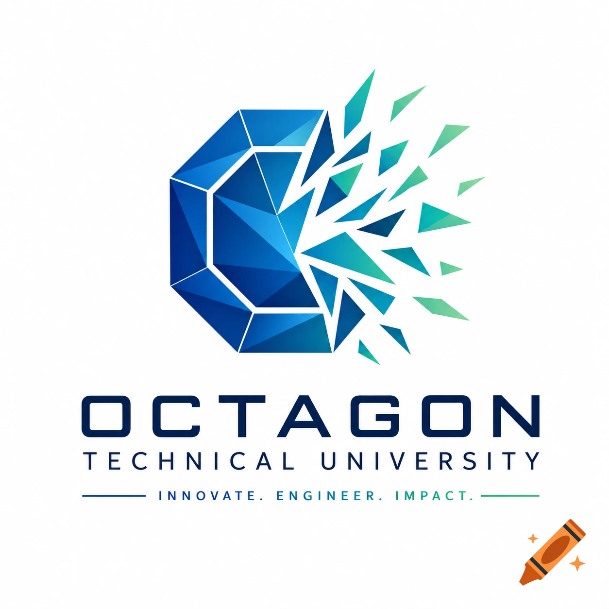 Geometric logo with a blue octagon crystal breaking into mint green shards, text reads 'OCTAGON TECHNICAL UNIVERSITY INNOVATE. ENGINEER. IMPACT.'