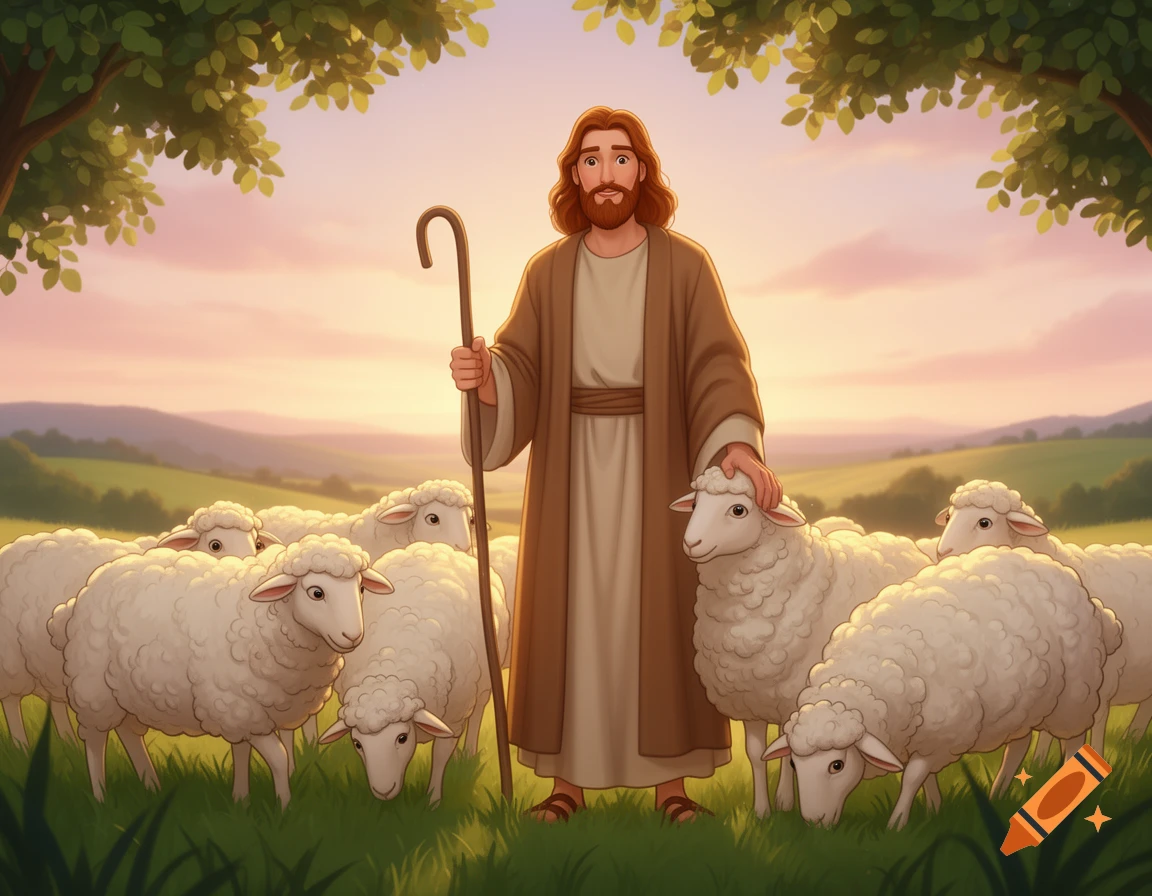 A cartoon-style Jesus, with long brown hair and beard, wearing a tunic, holds a shepherd's crook and pets a sheep, surrounded by a flock in a grassy field at sunset.