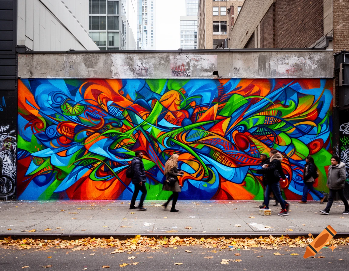 People walk past a vibrant, colorful abstract graffiti mural on a city street in autumn with fallen leaves.
