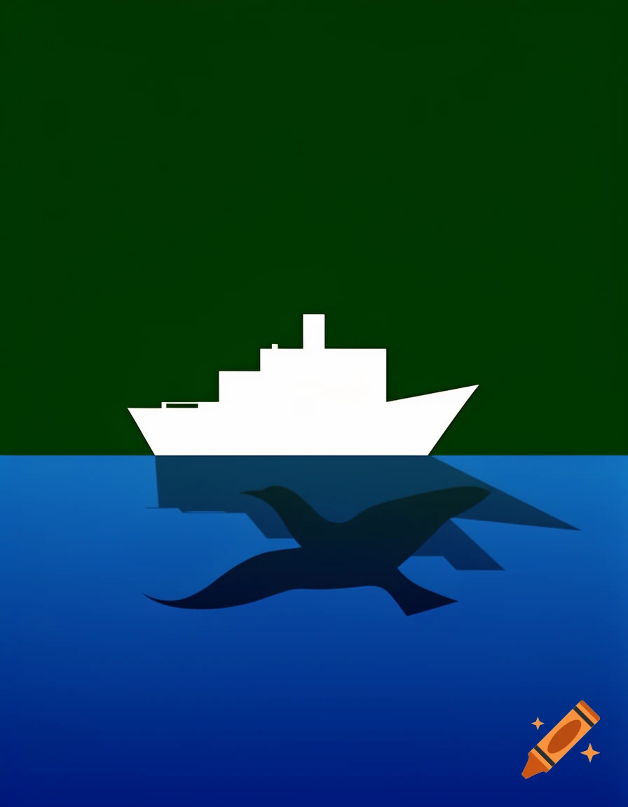 A minimalist 2D graphic with a dark green top half and a blue bottom half. A white ship sails on the blue water, casting a dark shadow of a bird below it.