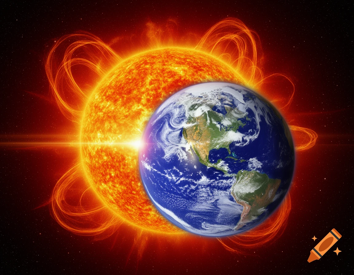 Photorealistic depiction of the Earth illuminated by a glowing Sun with solar flares and magnetic field lines in deep space.