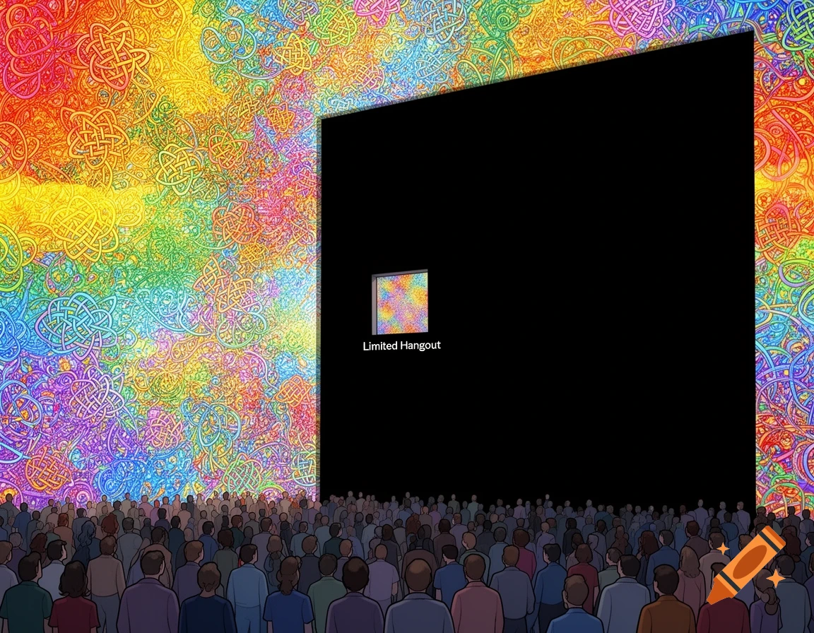 A crowd of stylized people stares at a black wall with a small opening labeled 'Limited Hangout', surrounded by vibrant patterns.