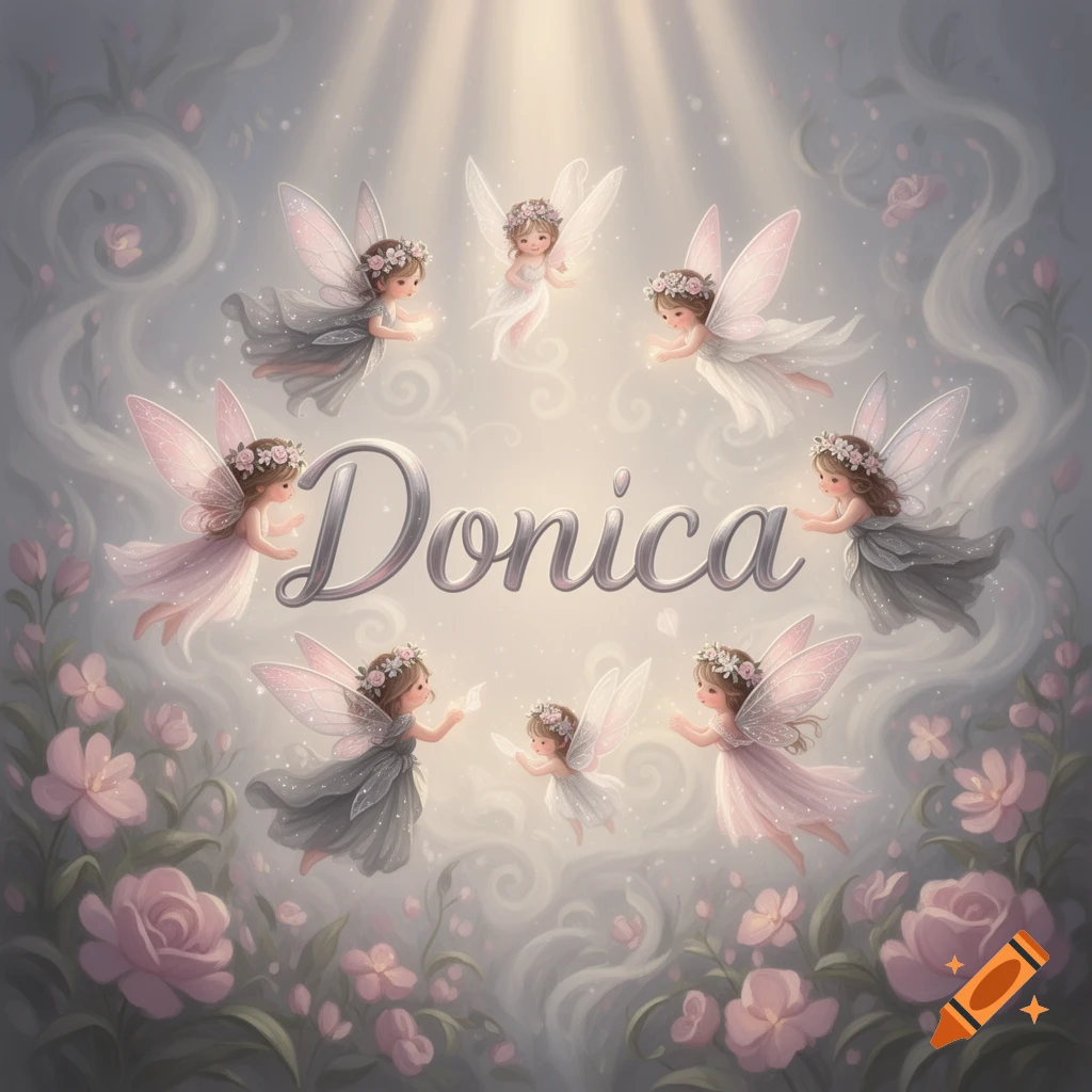 Dreamy illustration of several cute fairies surrounding the name Donica, with soft pink and grey flowers and sparkling light effects.