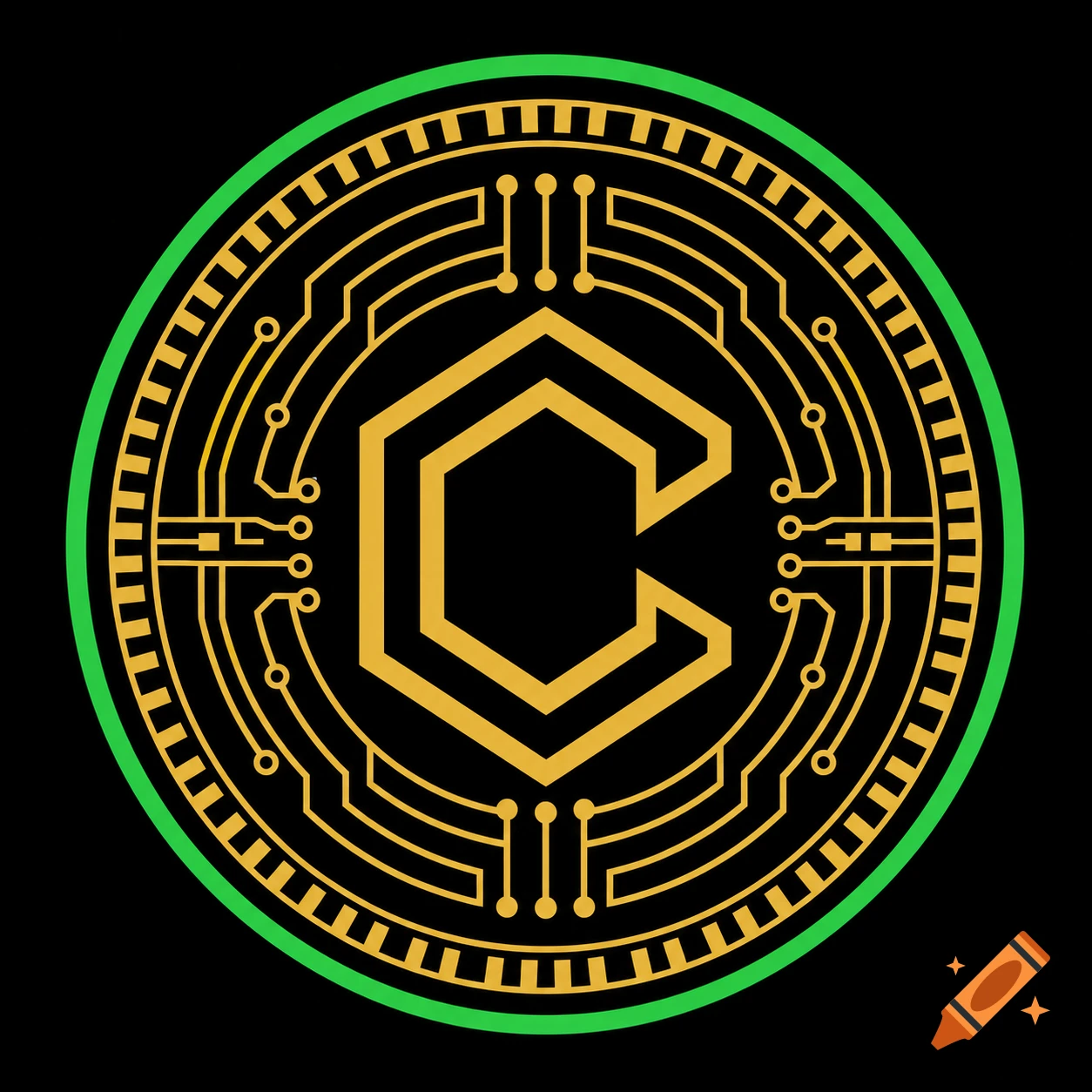 A circular crypto coin emblem with a green outer ring, a golden circuit board pattern, and a stylized golden 'C' in the center on a black background.