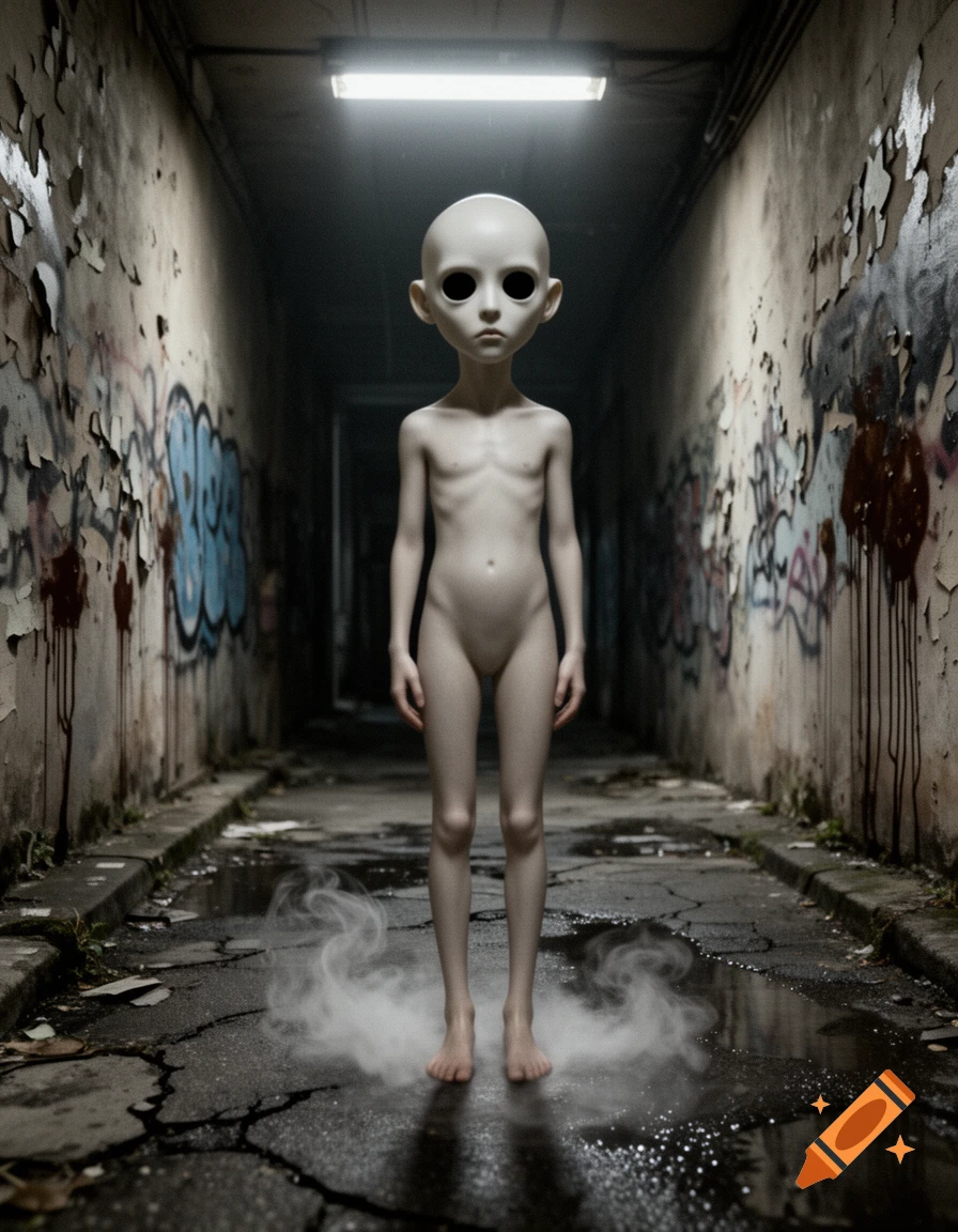 A gaunt, pale alien figure with large black eyes stands nude in a dark, graffiti-covered alley with smoke on wet ground. Photorealistic.