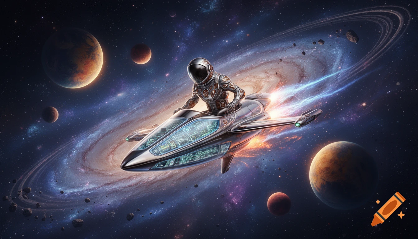 An astronaut in a silver and brown suit rides a sleek space glider past multiple planets and a swirling galaxy.