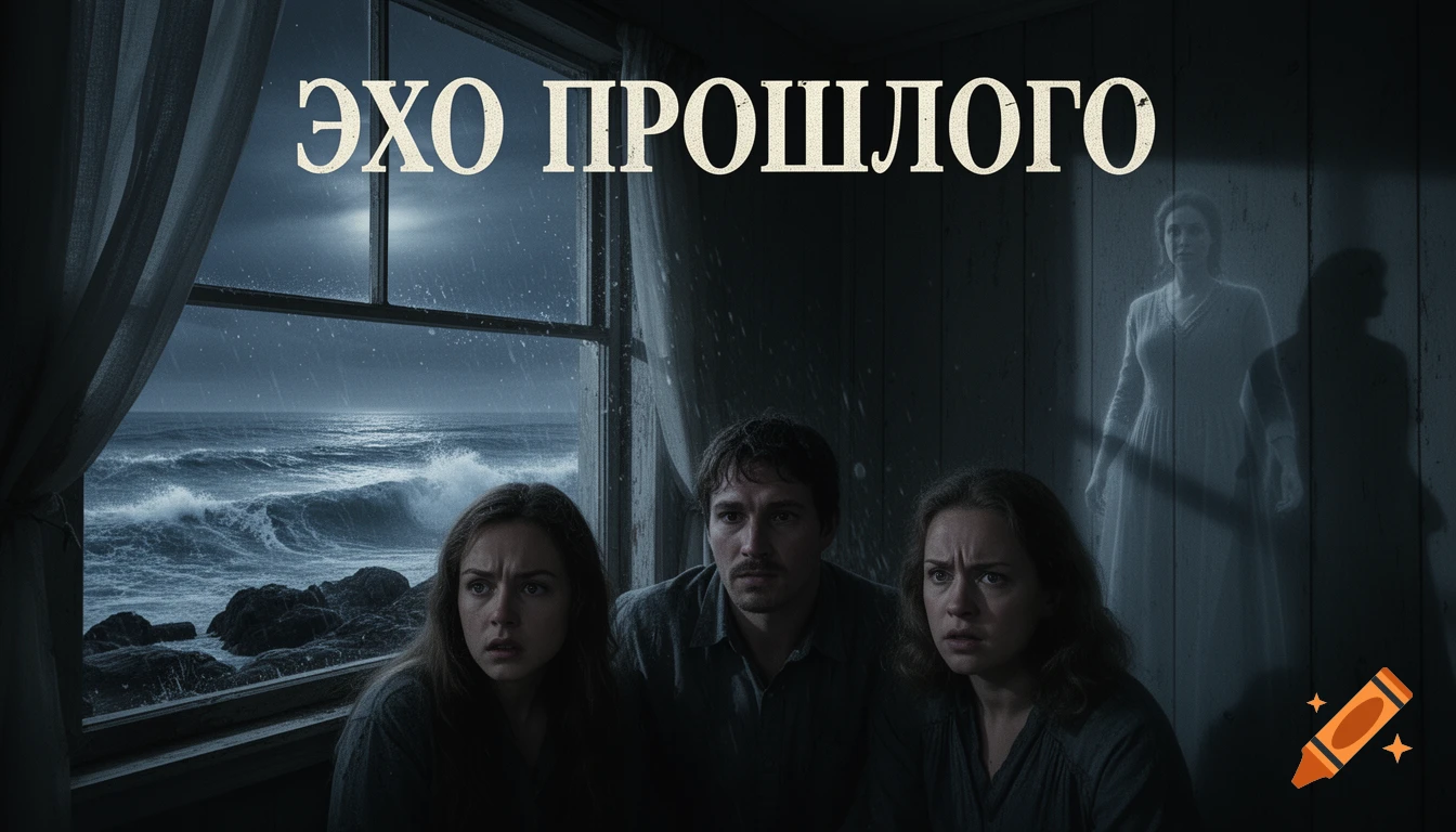 Frightened people look out a window at a stormy ocean, a ghost in the room. Russian text 'ЭХО ПРОШЛОГО'.