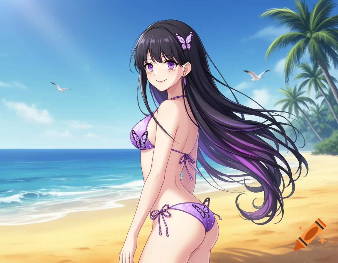 Anime girl in a purple bikini with butterfly accents, long black and purple hair, standing on a sunny beach.