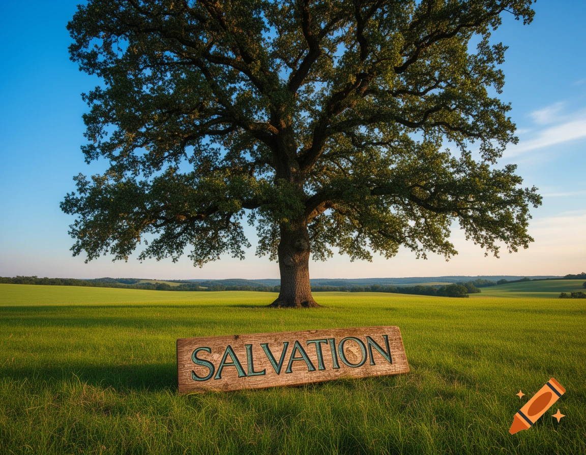 A large tree stands in a green field under a blue sky, with a wooden sign reading 'SALVATION' in the foreground.