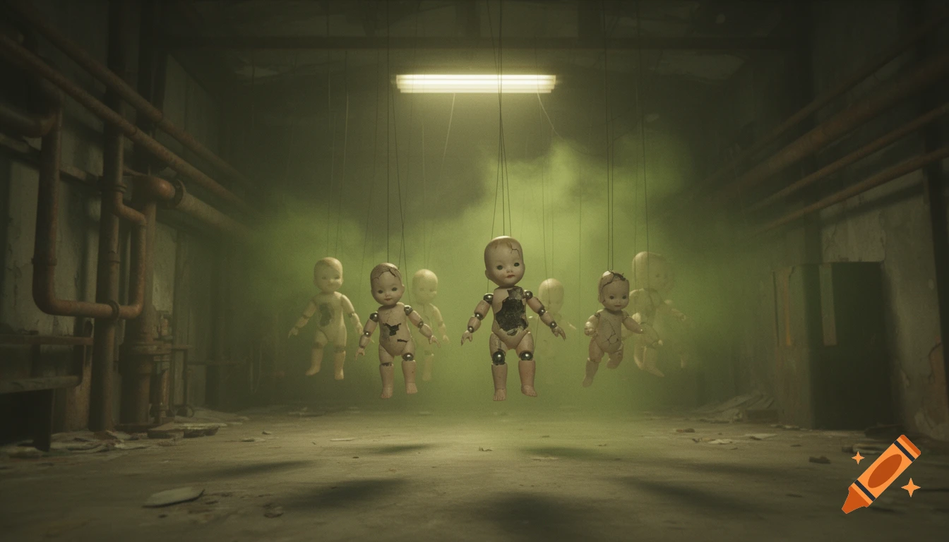 Broken, hanging porcelain dolls float in a dark, green-hazed industrial warehouse, giving a creepy, abandoned vibe.