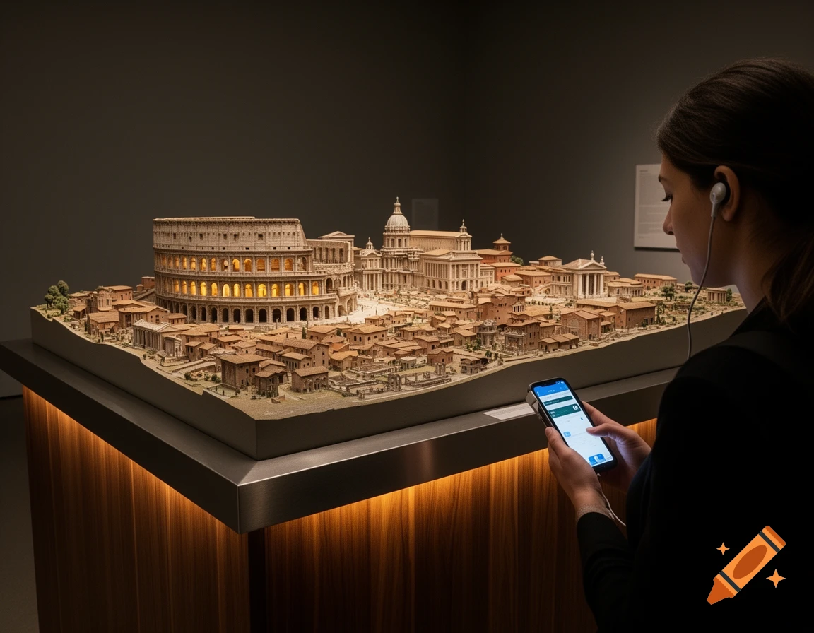 A visitor in a dimly lit museum views a detailed, illuminated 3D scale model of Late Antique Rome, using a smartphone audio guide.