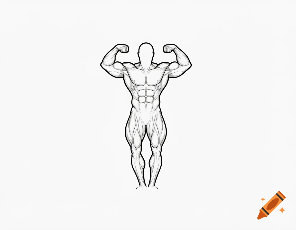 Outline drawing of a muscular male bodybuilder flexing his biceps, depicted on a white background.
