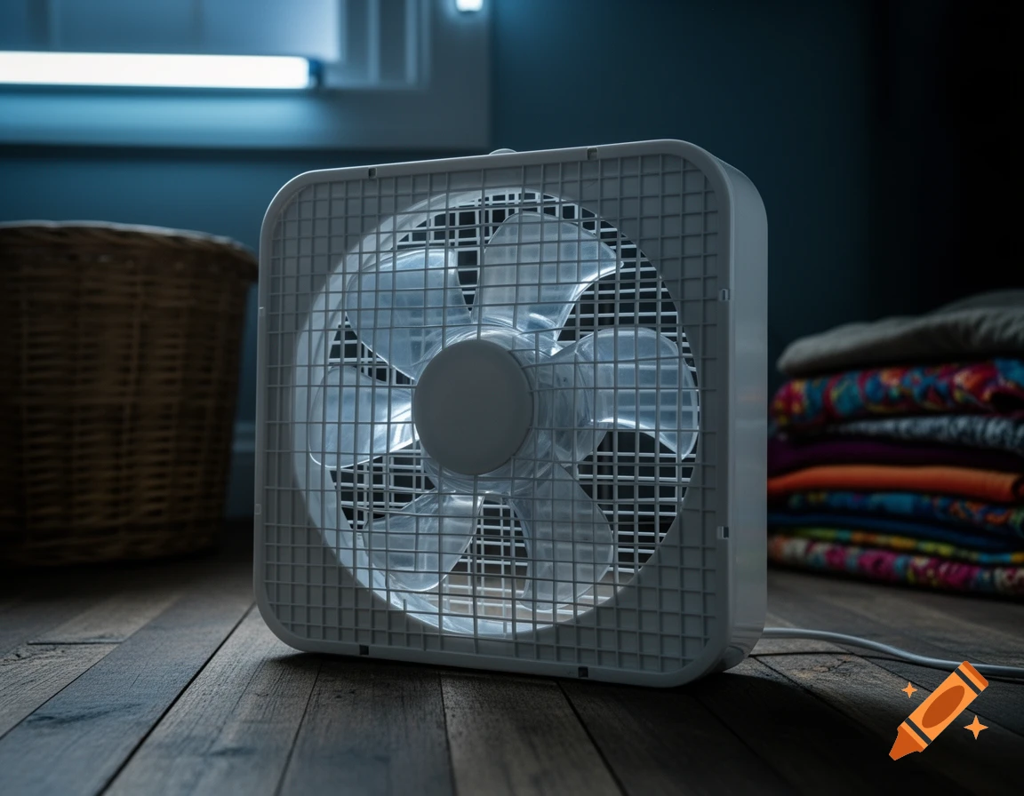 A white box fan sits on a wooden floor in a dimly lit room, with a wicker basket and folded clothes in the background.
