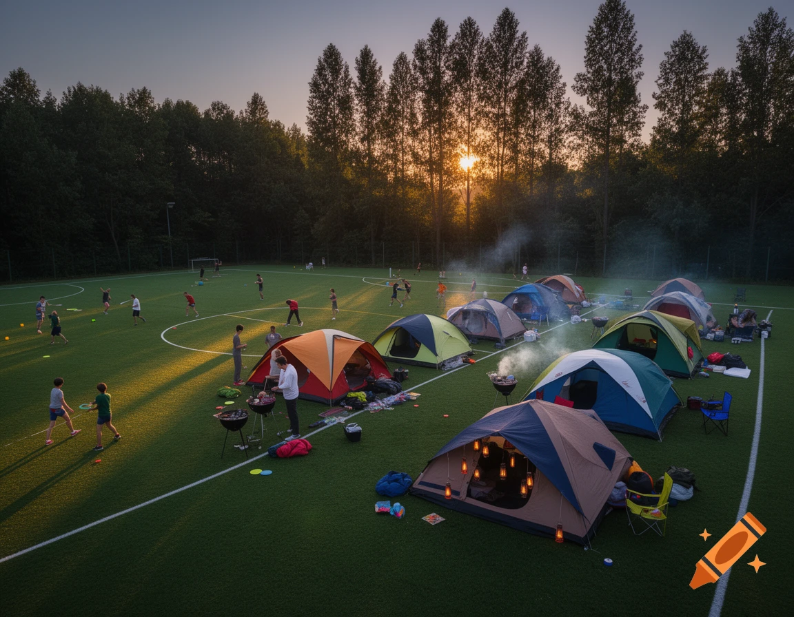 A photorealistic image of a campsite on a green sports field at sunset, with colorful tents, people grilling and playing.