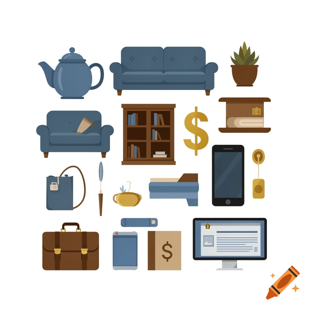 A collection of flat-style clipart icons including a blue teapot, two blue couches, a potted plant, a bookshelf, a golden dollar sign, a brown side table with books, a blue bag, a quill, a yellow cup, a blue bed frame, a smartphone, a key fob, a brown briefcase, a small blue tablet-like device, a brown book with a dollar sign, and a computer monitor showing a web page.