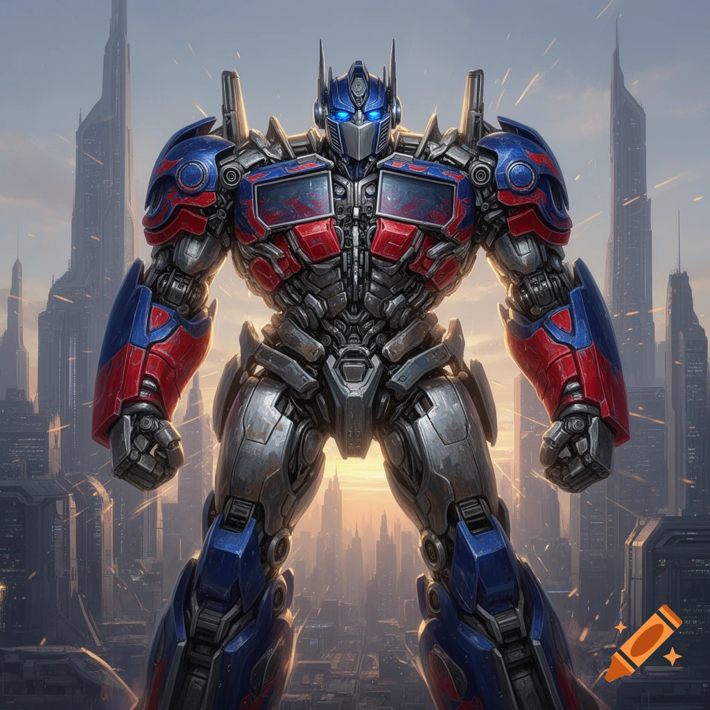 A detailed, photorealistic render of Optimus Prime, a red and blue robot, standing powerfully against a futuristic city skyline at sunset.