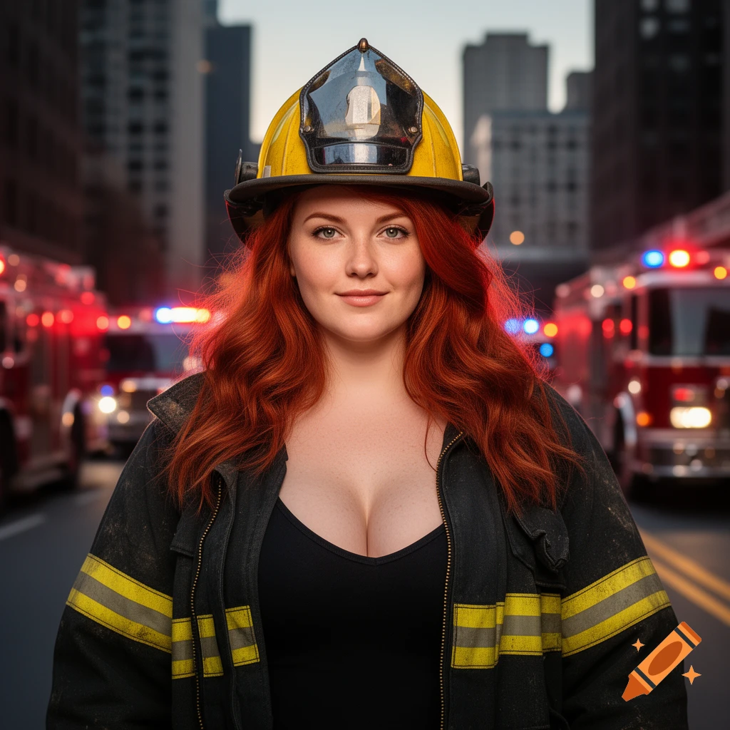 A red-headed female firefighter smiles, wearing a helmet and open jacket with cleavage visible, fire trucks in a blurred city background.