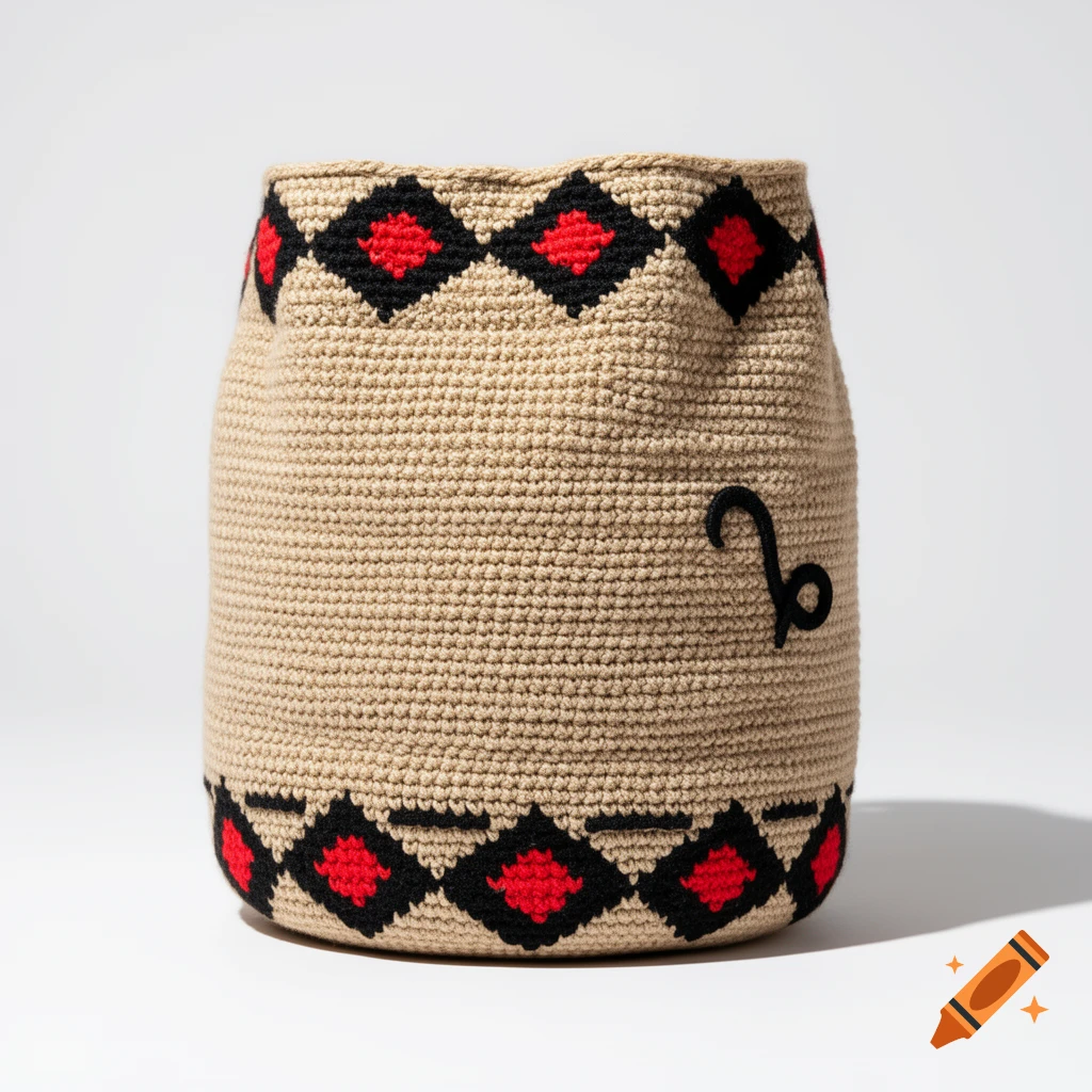 A beige tapestry-style crochet Wayuu backpack with red and black diamond patterns and a black Capricorn zodiac symbol.