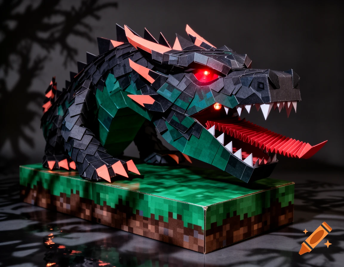 Black and green papercraft dragon with glowing red eyes and an accordion-folded red tongue, standing on a Minecraft-style grass block base.