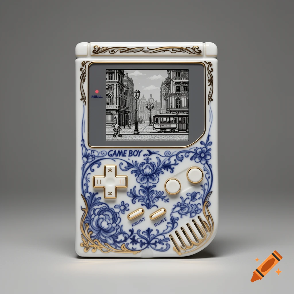 A porcelain Game Boy with blue floral patterns and gold accents, showing a pixel art street scene game on its screen.