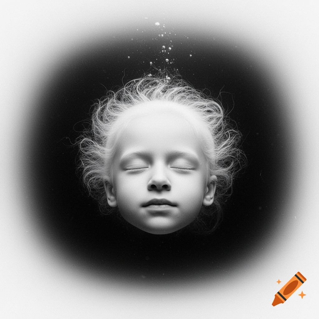 Monochrome portrait of a child's head floating underwater, eyes closed serenely, with white curly hair and rising bubbles.