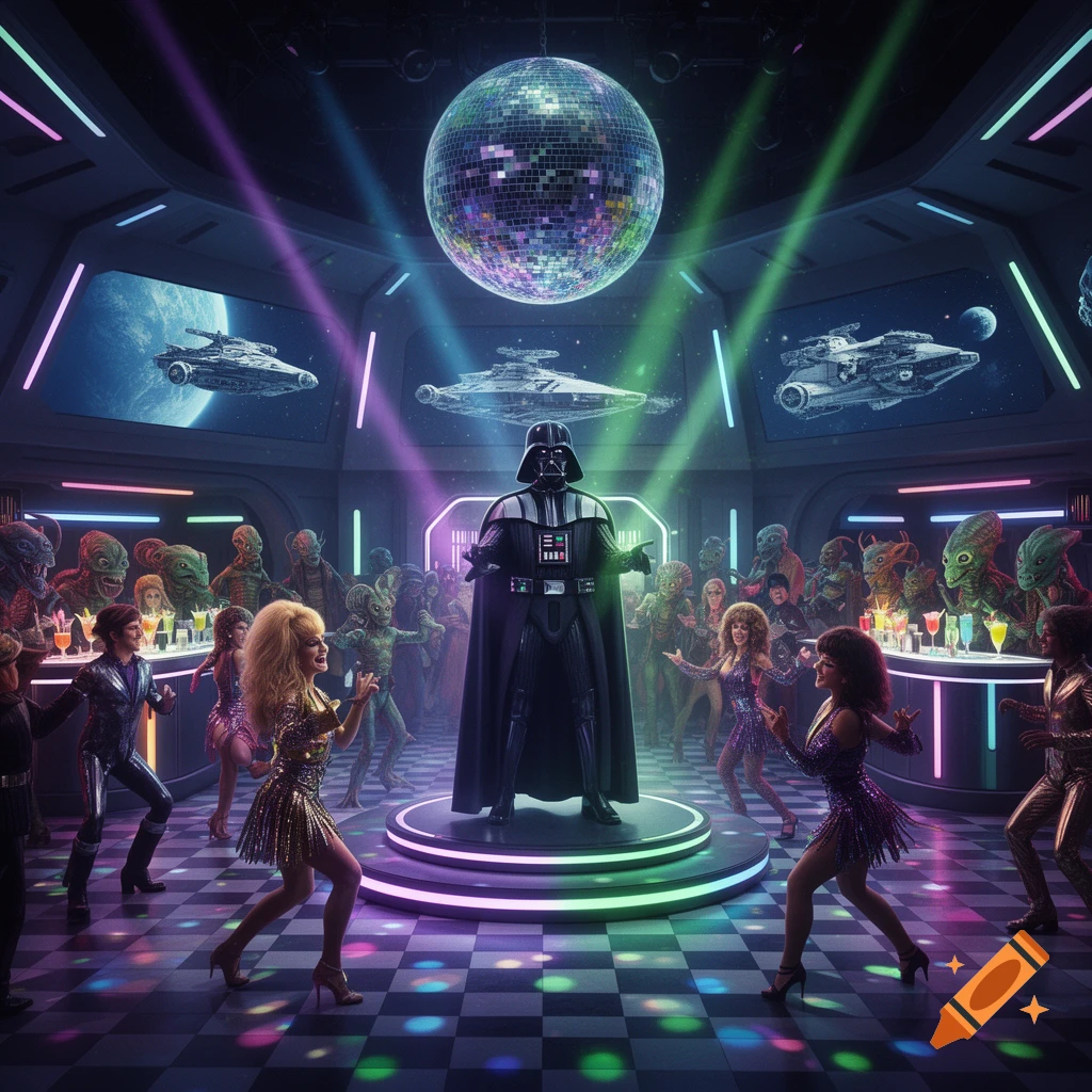 Darth Vader on a glowing disco stage, surrounded by dancing aliens and humans in a futuristic club with spaceship screens.
