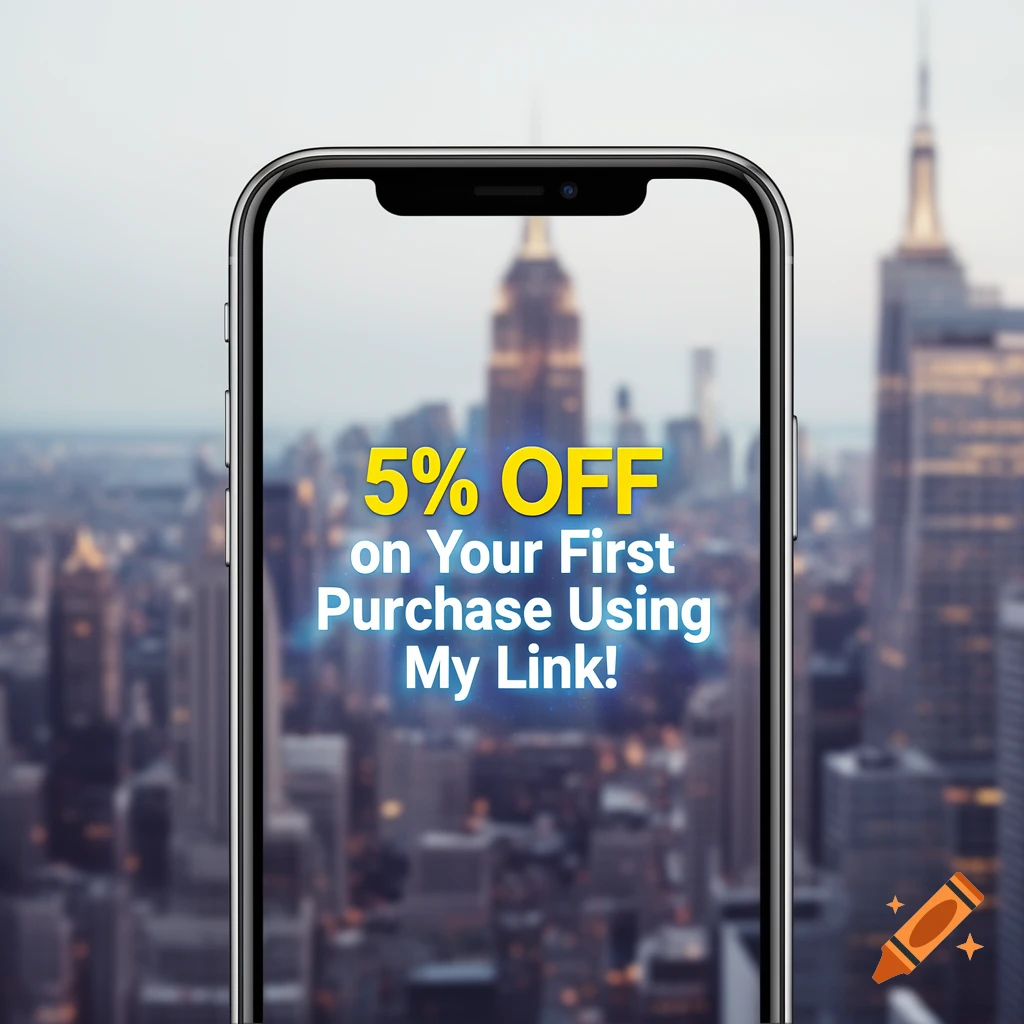 A smartphone screen displays '5% OFF on Your First Purchase Using My Link!' over a blurred city skyline.