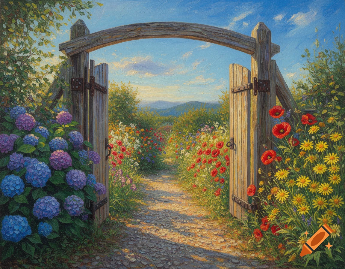 Impressionist painting of a rustic wooden gate opening to a colorful flower garden path under a blue sky.
