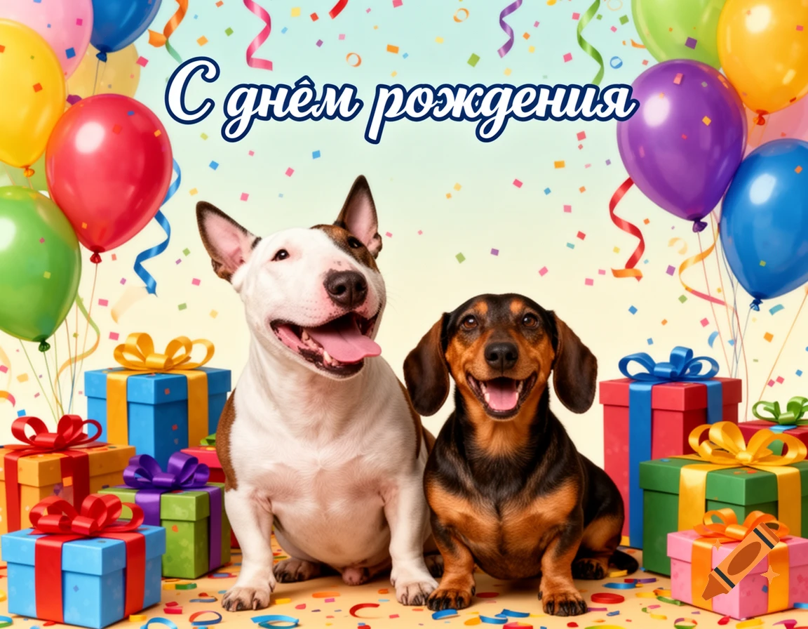 A Bull Terrier and a Dachshund sit happily among colorful balloons, wrapped gifts, and confetti with a 'Happy Birthday' greeting above them.