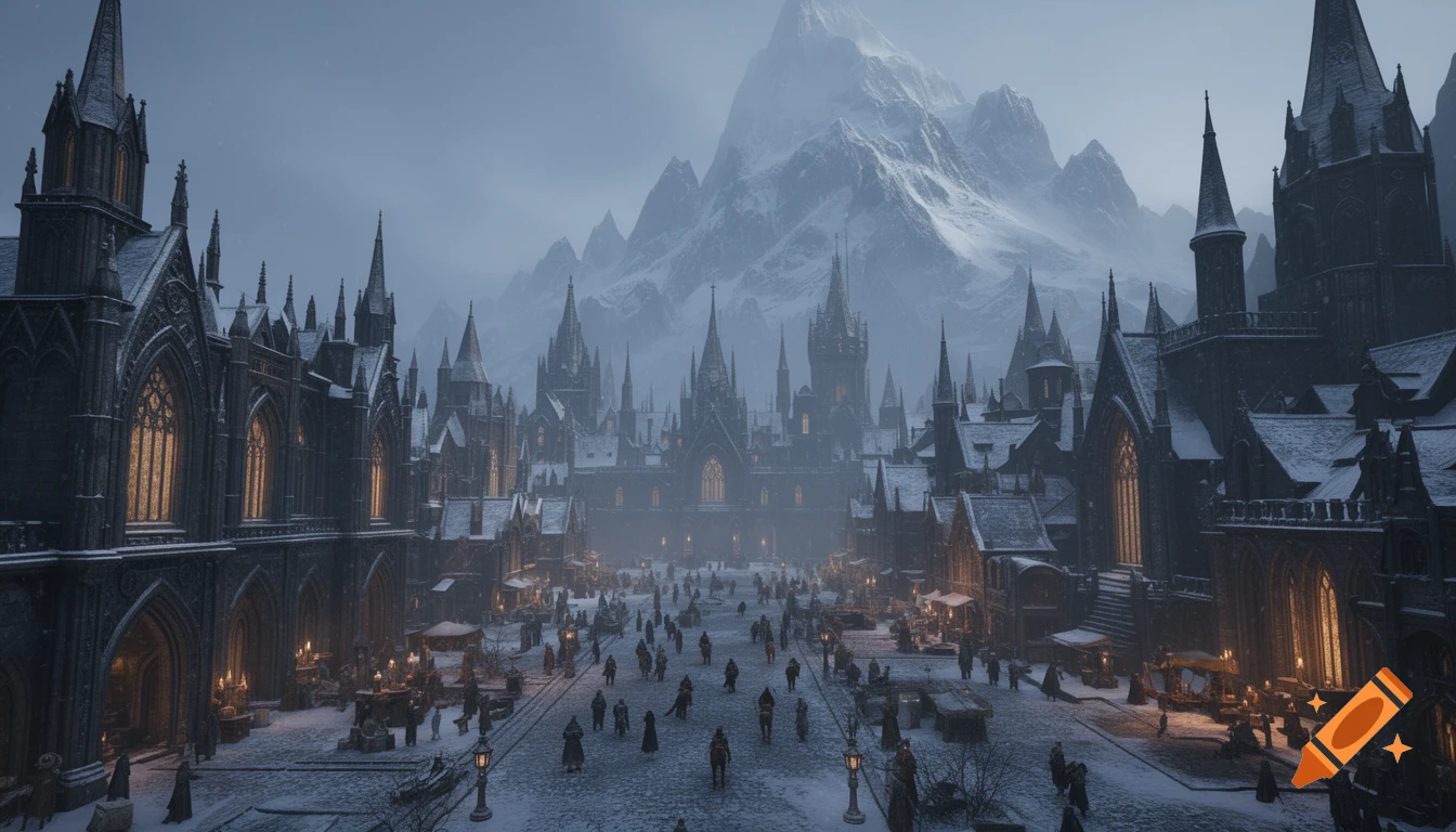 Photorealistic snowy medieval fantasy city with gothic architecture, bustling streets, and towering mountains.