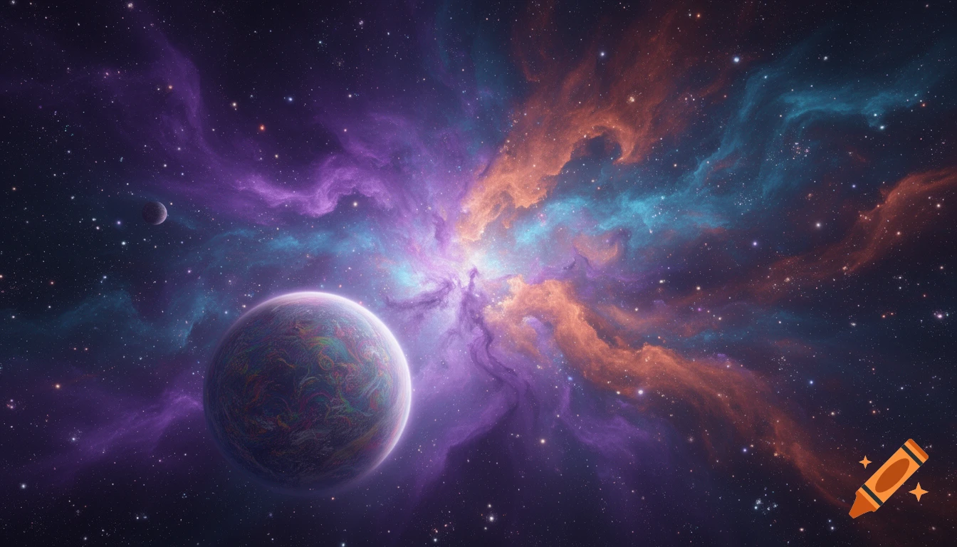 A colorful nebula swirls behind a large, patterned planet and a smaller moon in deep space.