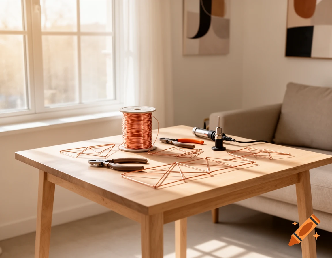 A wooden table is set up with a spool of copper wire, pliers, a heating tool, and geometric wire shapes for a home craft project, bathed in sunlight from a nearby window.