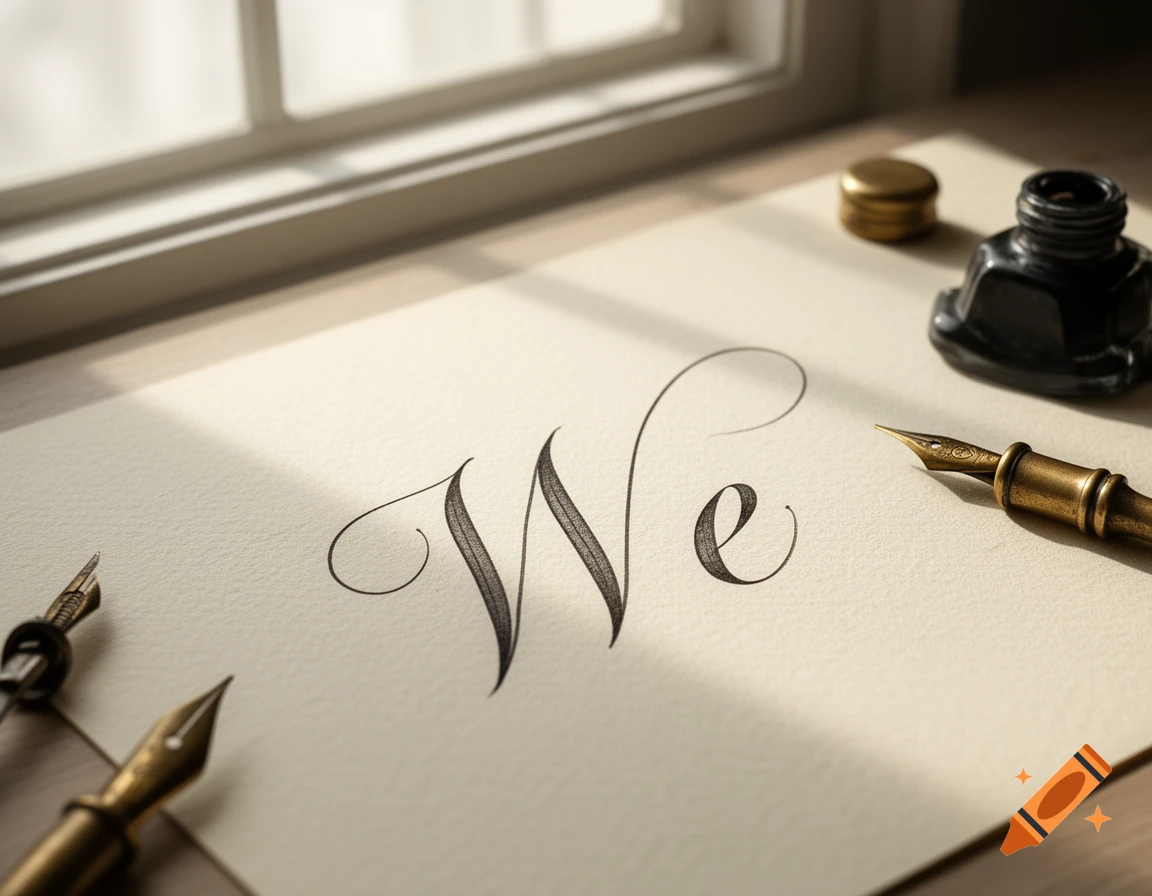 Elegant calligraphic word 'We' on textured paper, with fountain pens and an inkwell, bathed in natural light from a window.